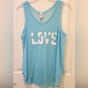 LOVE tank, thin fabric, sky blue, no flaws detected